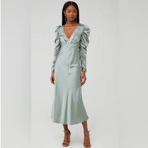 Line & Dot Green V-Neck Puff Sleeve Dress